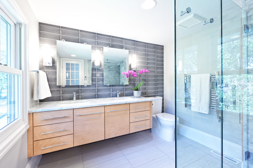 Contemporary Home Bathroom glass Shower Stall and Vanitya